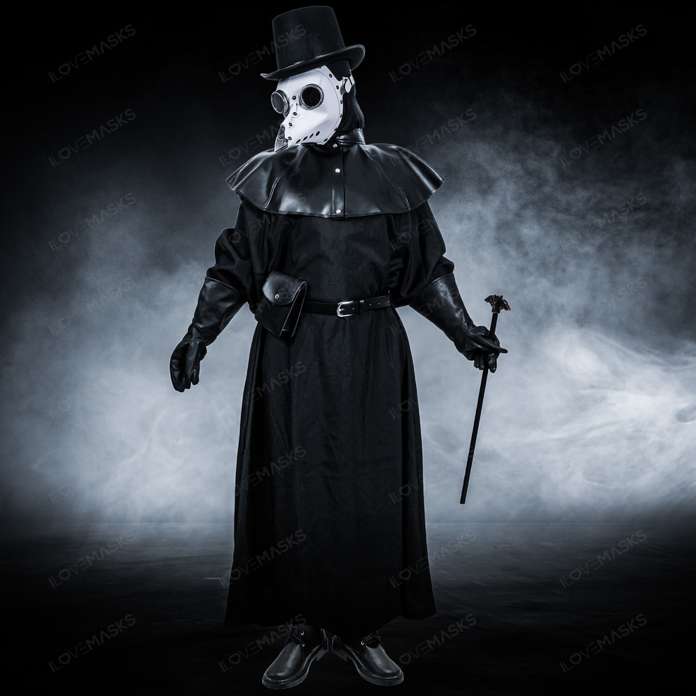 Plague Doctor with Bird Beak Mask & Top Hat Full Costume Set - White Silver